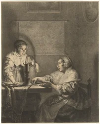 Interiør med dame og stuepige ved levende lys