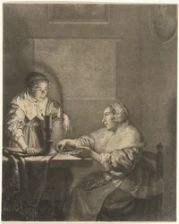 Interiør med dame og stuepige ved levende lys