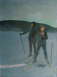 Isfiskeri med skiløb, aften