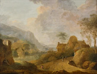 Bjerglandskab med flod og gård