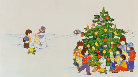 Carol Singers foran et juletræ