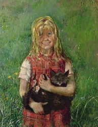 Pige med en kat (olie på lærred)