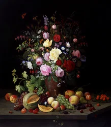 Stilleben med blomster og frugt. Maleri af Christian Mollback (1853-1921) Privat samling.