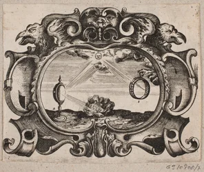 Emblem med sol, der stråler gennem en ring og gennem et brændeglas, så der antændes et bål