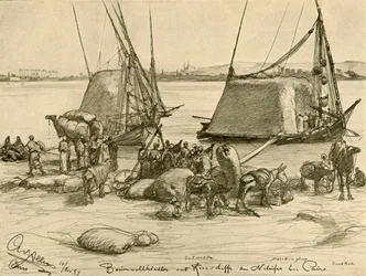 Lastning af bomuld på kornbåde, Nilen, Kairo, Egypten, 1898.