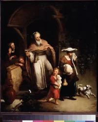 (Fordrivelsen af ​​Hagar) Ismael er den første søn af Abraham med Hagar (Hagar), den egyptiske tjener for hans kone Sara. Efter Isak er født, bliver Ismael og Hagar drevet væk. Maleri af Christian Wilhelm Ernst Dietrich (1712-1774) Muse fra det 18. århundr