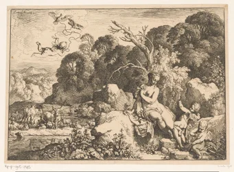 Venus sidder på en sten, ledsaget af tre putti