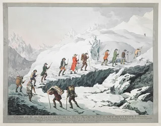 Horace Bénédict de Saussure og hans guider krydser en gletsjer på Mont Blanc