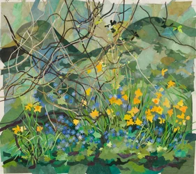 Cornerways Garden Daffodils and Blue Anemonies, 2013 (akvarelmalet papircollage)