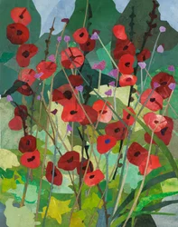 Cornerways Hollyhocks, 2025 (akvarelmalet papircollage)