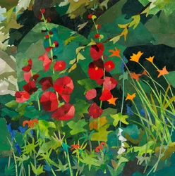 Cornerways garden with Hollyhocks, 2025 (akvarelmalet papircollage)