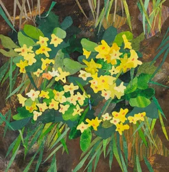 Southolt Primroses, 2025 (akvarelmalet papircollage)
