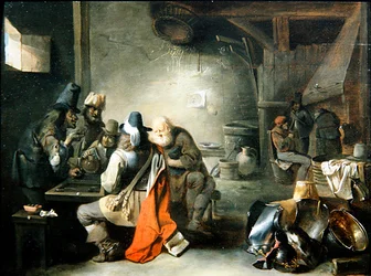 Gruppe af figurer, der spiller backgammon (olie på panel)