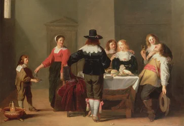 Et vagtværelses interiør med soldater, der spiser og drikker i kvindeligt kompagni, 1639