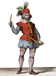 Portræt af François Ravaillac, morderen på Henrik IV (1553-1610), gravure efter Christoffel van Sichem den Ældre (1546-1624) - Portræt i hel figur af François Ravaillac (1578-1610), morder på kong Henrik IV (1553-1610)