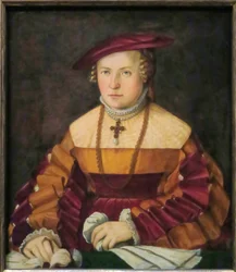 Tysk: Bildnis der Ehefrau des Ulrich Ehinger, Ursula Meuting (d. 1588) (Portræt af Ulrich Ehingers hustru, Ursula Meuting) Portræt af Ulrich Ehingers hustru, Ursula Meuting