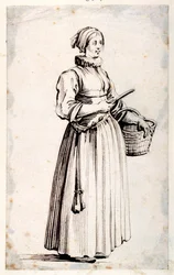 Figur med kurv og kniv (pen og brunt blæk på papir)