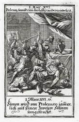 Simon og hans to sønner bliver dræbt af Ptolemæus.1 Makkabæerbrevet 14:16, 1695