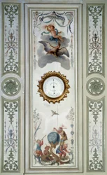 Panel af den store stue på Chateau de Champs sur Marne med barometer og chinoiserie. Vægdekoration malet af Christophe Huet (1700-1759)