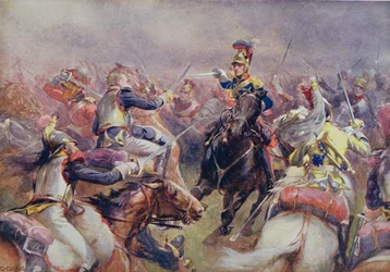 Den tunge brigades angreb på de franske kyrasserer ved Waterloo, fra «British Battles on Land and Sea», redigeret af Sir Evelyn Wood (1838-1919), først udgivet i 1915