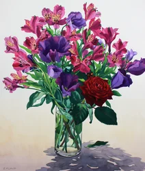 Blomster med rød rose (akvarel på papir)