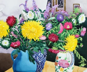 Interiør med asters (akvarel på papir)