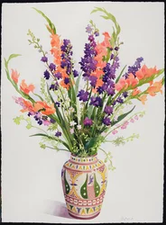 Lærkespore og Gladioler i en marokkansk vase (wc)