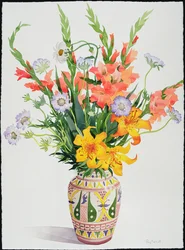Orange og blå blomster i en marokkansk vase (wc)