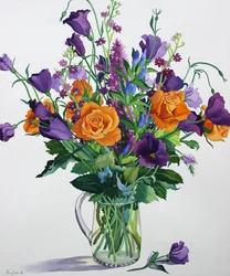 Orange og lilla blomster (akvarel på papir)