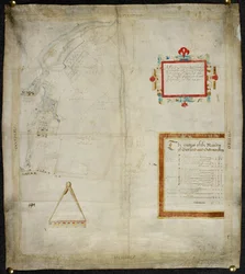 Kort over Bayford og Goodmanston herregårde i Murston og Sittingbourne, co. Kent: 1590 (blæk og farvevask på pergament)