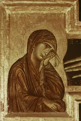 Krucifiks: detalje af Jomfruen (tempera på træ