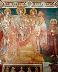 Madonna har børn på tronen, fire engle og Sankt Francois af Assisi Fresco af Cimabue (Cenni di Pepo) (1272-1302) 1278-1280 Dim.320x340 cm. Assisi, Basilica of San Francesco, Nedre kirke