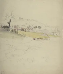 Udsigt over et kulleri ved kanten af en by, 1840-49.