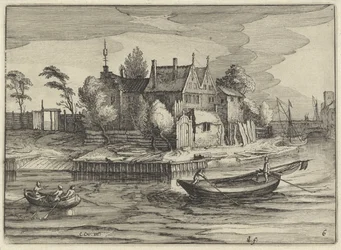 Slupper ved et gods Hollandske landskaber (serietitel) Amaeniores Aliquot Regiunculae (serietitel på objekt)