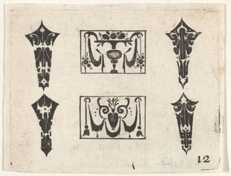 Sorttryk med to vandrette paneler og fire rammer, ca. 1620.