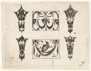 Sortbroderitryk med to vandrette felter og fire indfatninger, ca. 1620