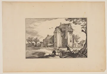 Bondegård med dueslag, fra Landskaber (Verscheyden aerdige Lanthuysen...)