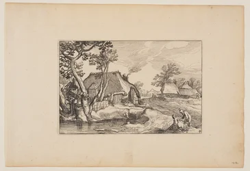 Gammel mand og kvinde hviler sig ved en dam, fra Landskaber (Verscheyden aerdige Lanthuysen...)