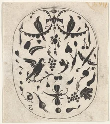 Ovalt sortbroderitryk med fugle, insekter og frugter, ca. 1620
