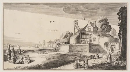 Blegningsfelt foran et fort ved en flod, fra Landskaber (Playsante Lantschappen)