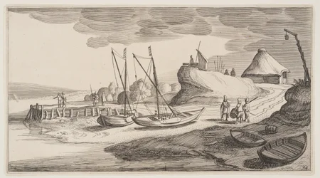 Både på land nær et vagttårn, fra Landskaber (Playsante Lantschappen)