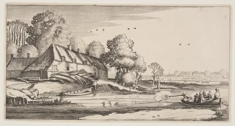 Andeskydning fra en robåd i nærheden af en gård, fra Landskaber (Playsante Lantschappen)
