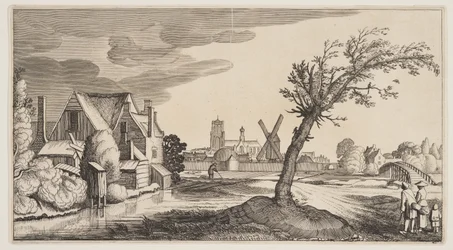 Hus ved en dam uden for en by, fra Landskaber (Playsante Lantschappen)