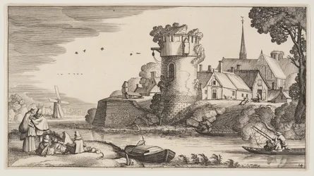 Vagttårn ved en flod, fra Landskaber (Playsante Lantschappen)
