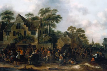 Bønder danser og fester i en landsbygade