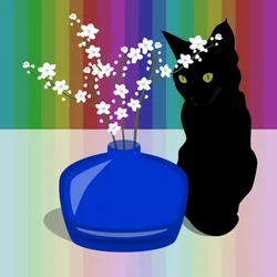Blå glasvase med blomst og sort kat