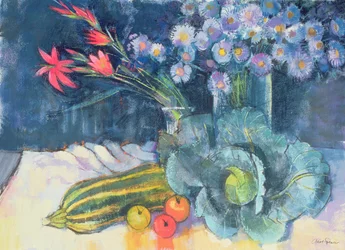 Stilleben med frugt og blomster