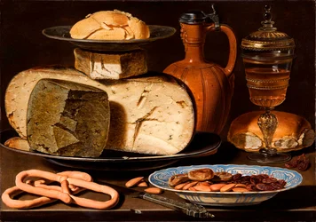 Hollandsk: Stilleben med ost, mandler og saltkringler Stilleben med ost, mandler og saltkringler