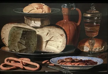 Hollandsk: Stilleben med ost, mandler og saltkringler Stilleben med ost, mandler og saltkringler