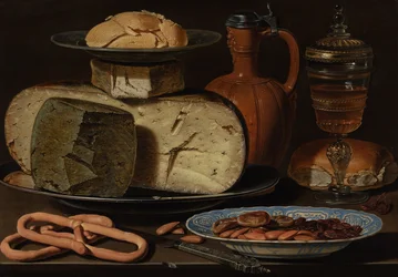 Stilleben med oste, mandler og saltkringler, ca. 1615